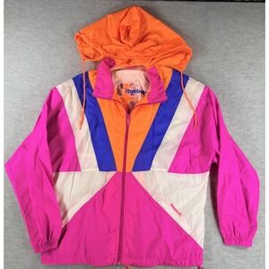 Vintage Reebok L Geometric Windbreaker Jacket Women 90s Full Zip Pink Nylon Y2K